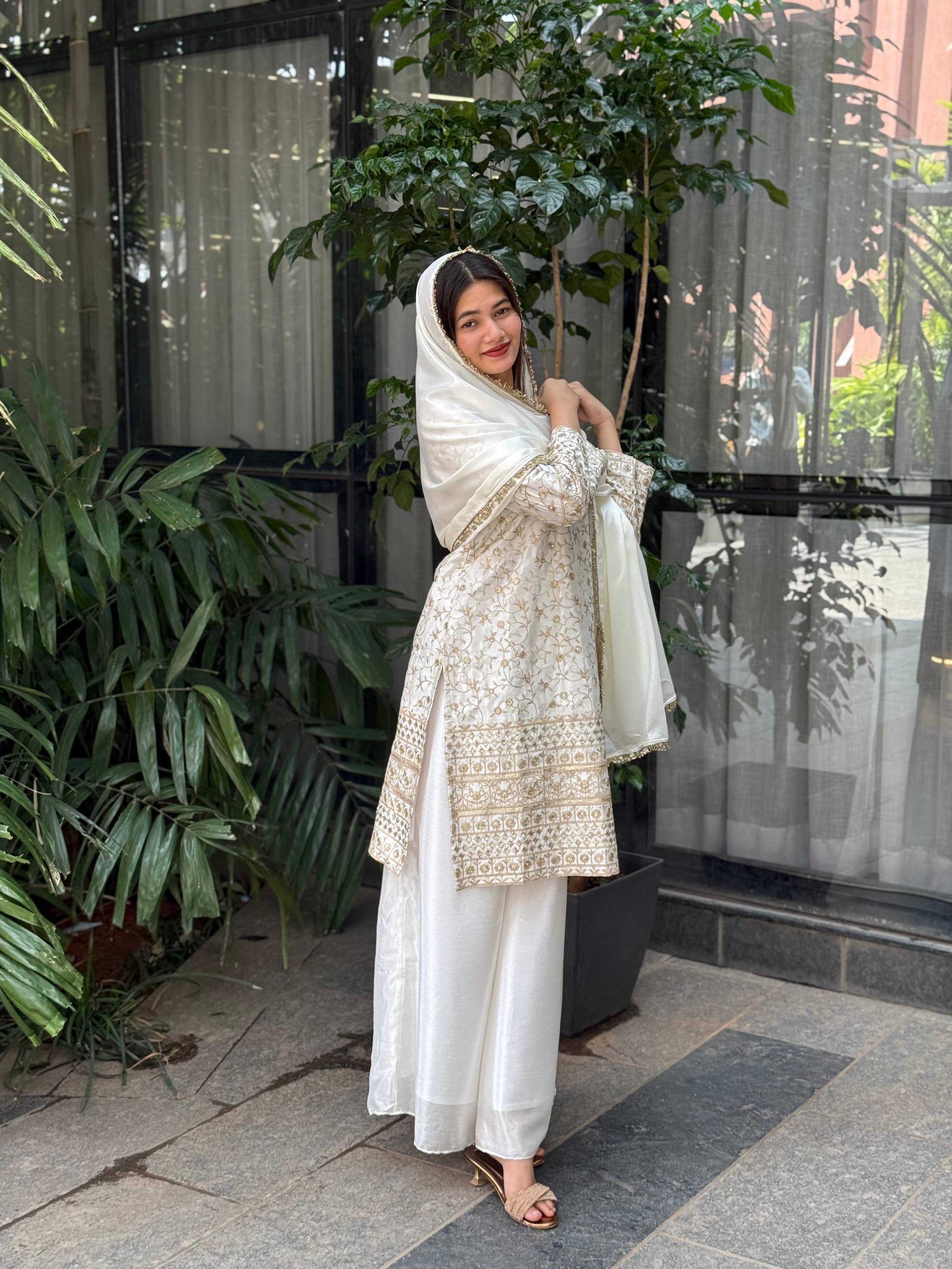 Teeya Creation White Color Chinnon Silk Embroidery Work Fully Stitched Pakistani Suit | Grocsy