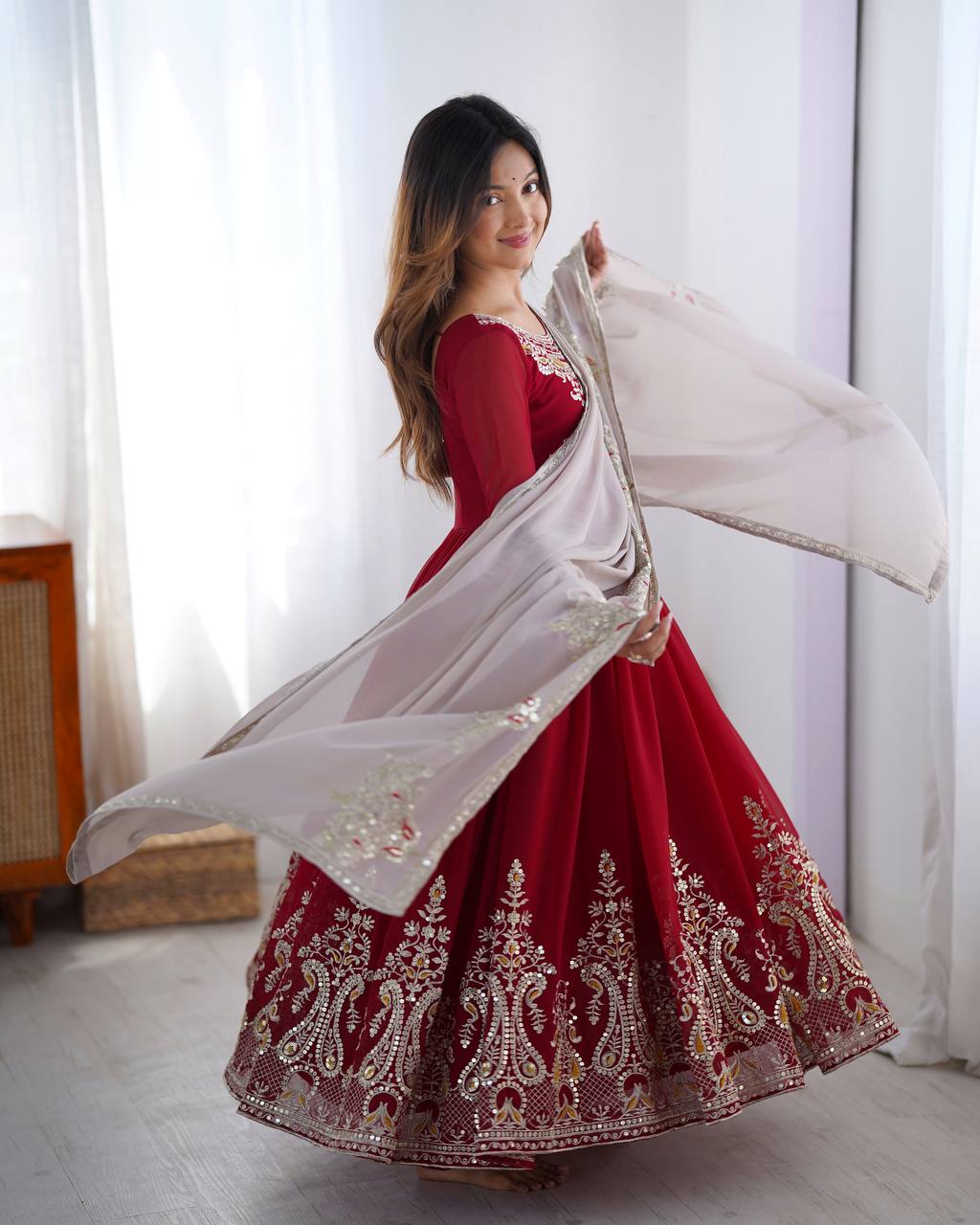 Teeya Creation Maroon Color Heavy Georgette Embroidery Work Fully Stitched Gown | Grocsy