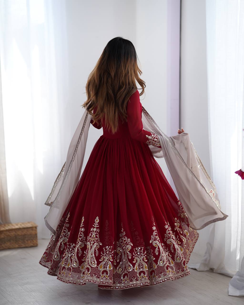 Teeya Creation Maroon Color Heavy Georgette Embroidery Work Fully Stitched Gown | Grocsy