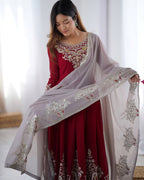 Teeya Creation Maroon Color Heavy Georgette Embroidery Work Fully Stitched Gown | Grocsy