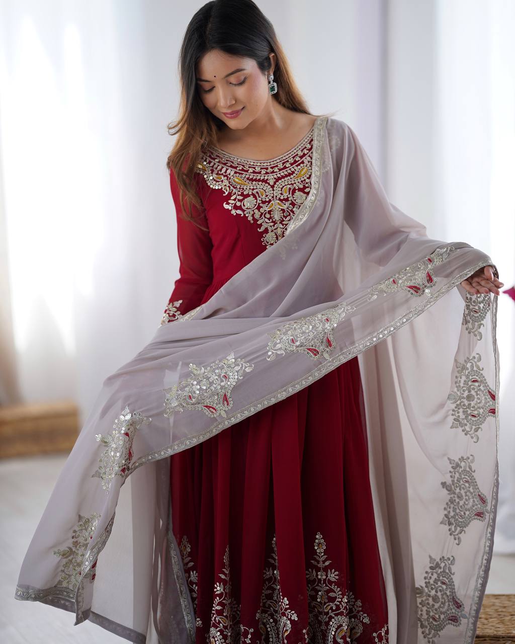 Teeya Creation Maroon Color Heavy Georgette Embroidery Work Fully Stitched Gown | Grocsy