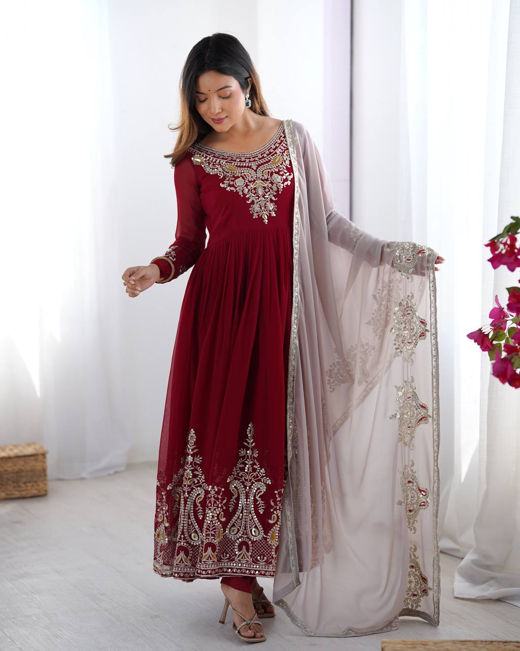 Teeya Creation Maroon Color Heavy Georgette Embroidery Work Fully Stitched Gown | Grocsy