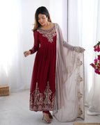 Teeya Creation Maroon Color Heavy Georgette Embroidery Work Fully Stitched Gown | Grocsy