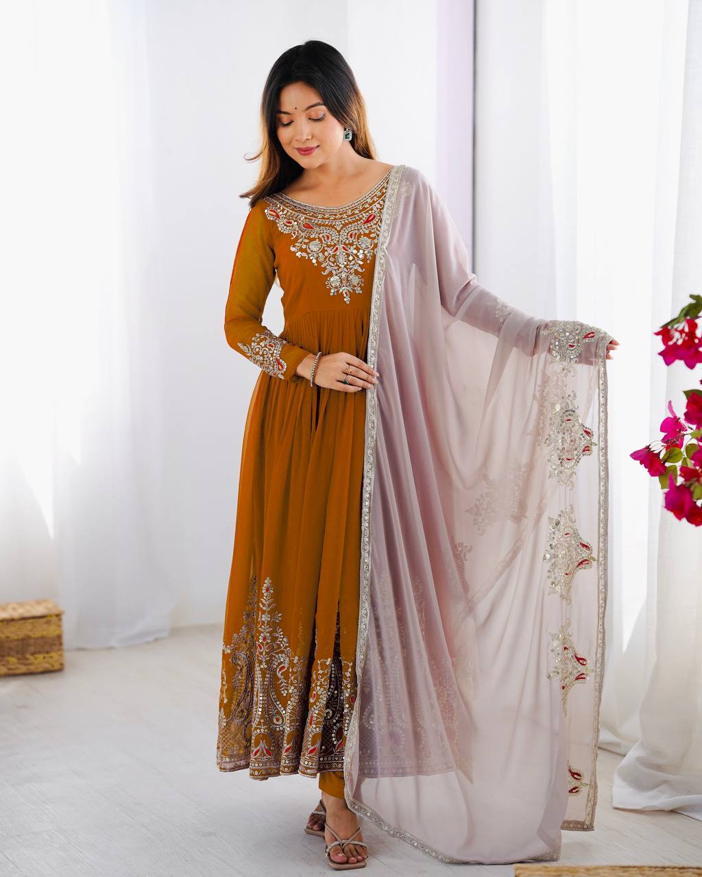 Teeya Creation Yellow Color Heavy Georgette Embroidery Work Fully Stitched Gown | Grocsy