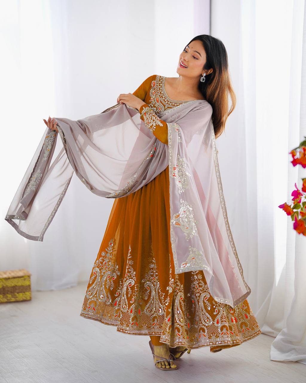 Teeya Creation Yellow Color Heavy Georgette Embroidery Work Fully Stitched Gown | Grocsy
