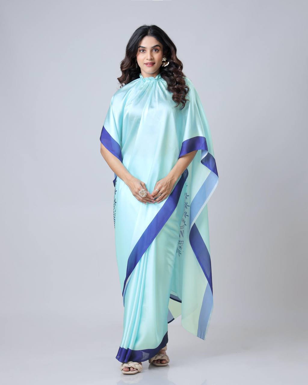 Teeya Creation Blue Color Japan Satin Silk Digital Print Ready To Wear Saree | Grocsy
