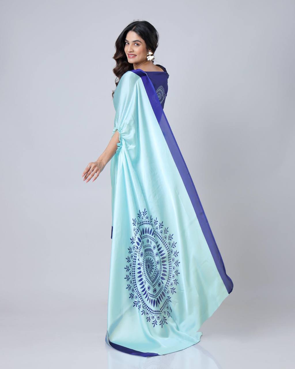 Teeya Creation Blue Color Japan Satin Silk Digital Print Ready To Wear Saree | Grocsy