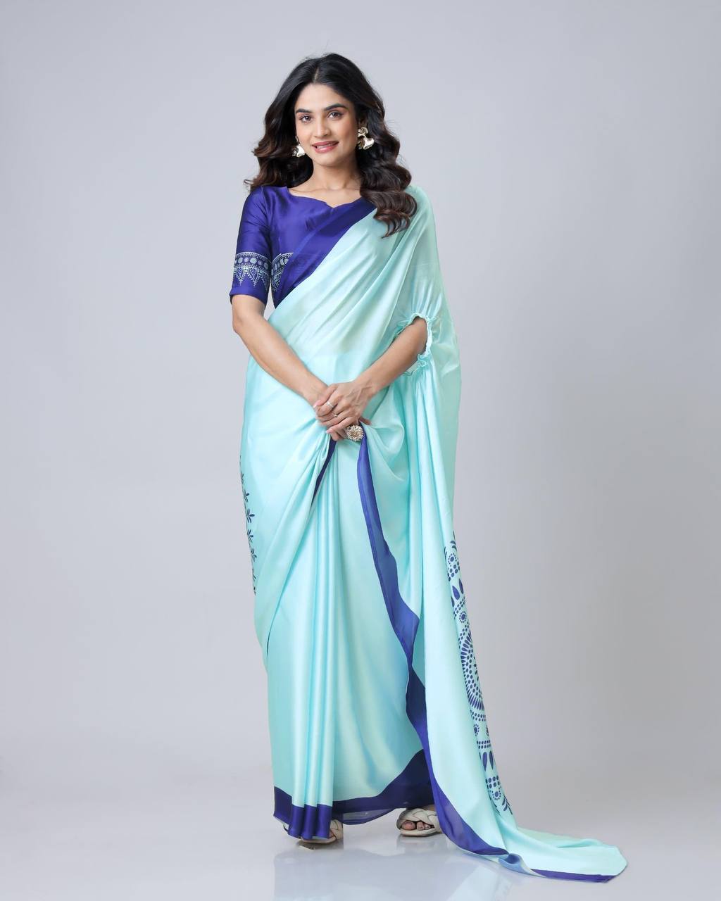 Teeya Creation Blue Color Japan Satin Silk Digital Print Ready To Wear Saree | Grocsy