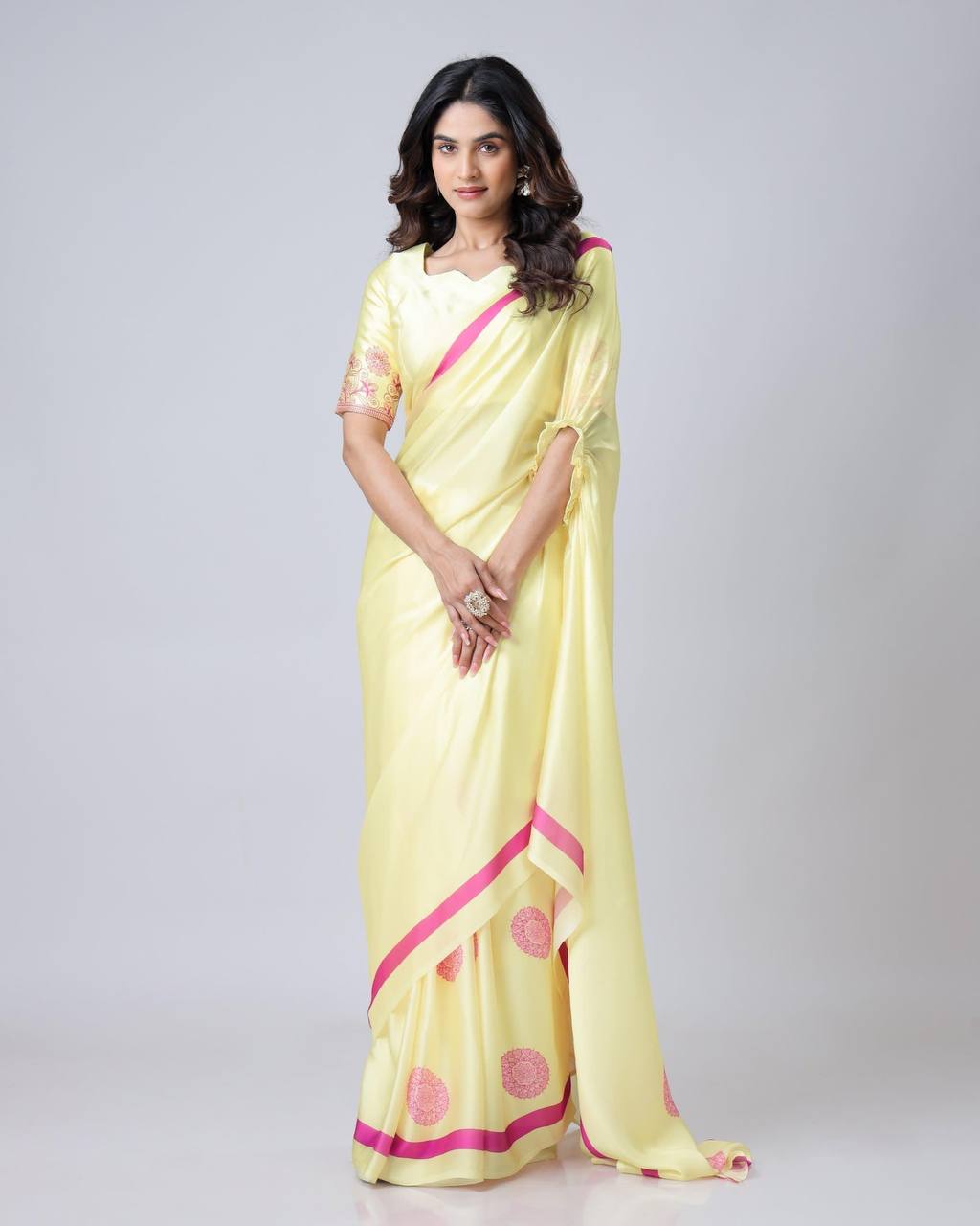 Teeya Creation Light Yellow Color Japan Satin Silk Digital Print Ready To Wear Saree | Grocsy