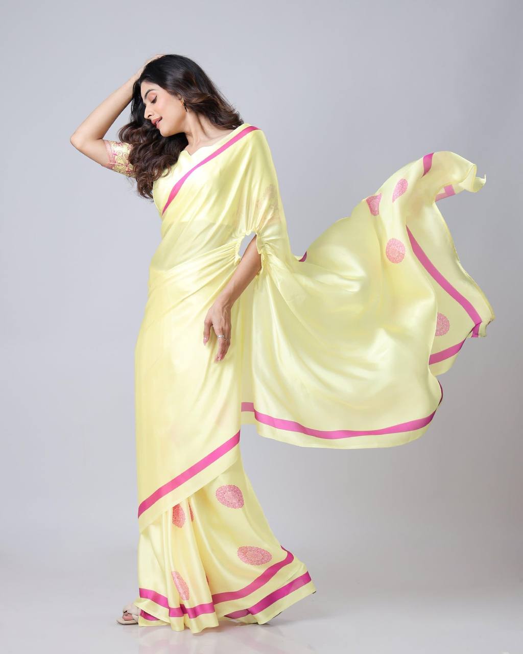 Teeya Creation Light Yellow Color Japan Satin Silk Digital Print Ready To Wear Saree | Grocsy