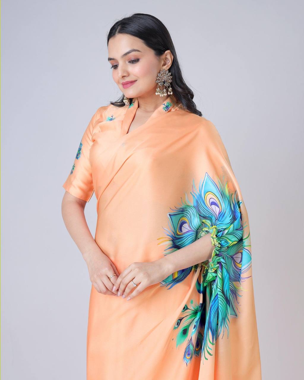 Teeya Creation Orange Color Japan Satin Silk Digital Print Ready To Wear Saree | Grocsy