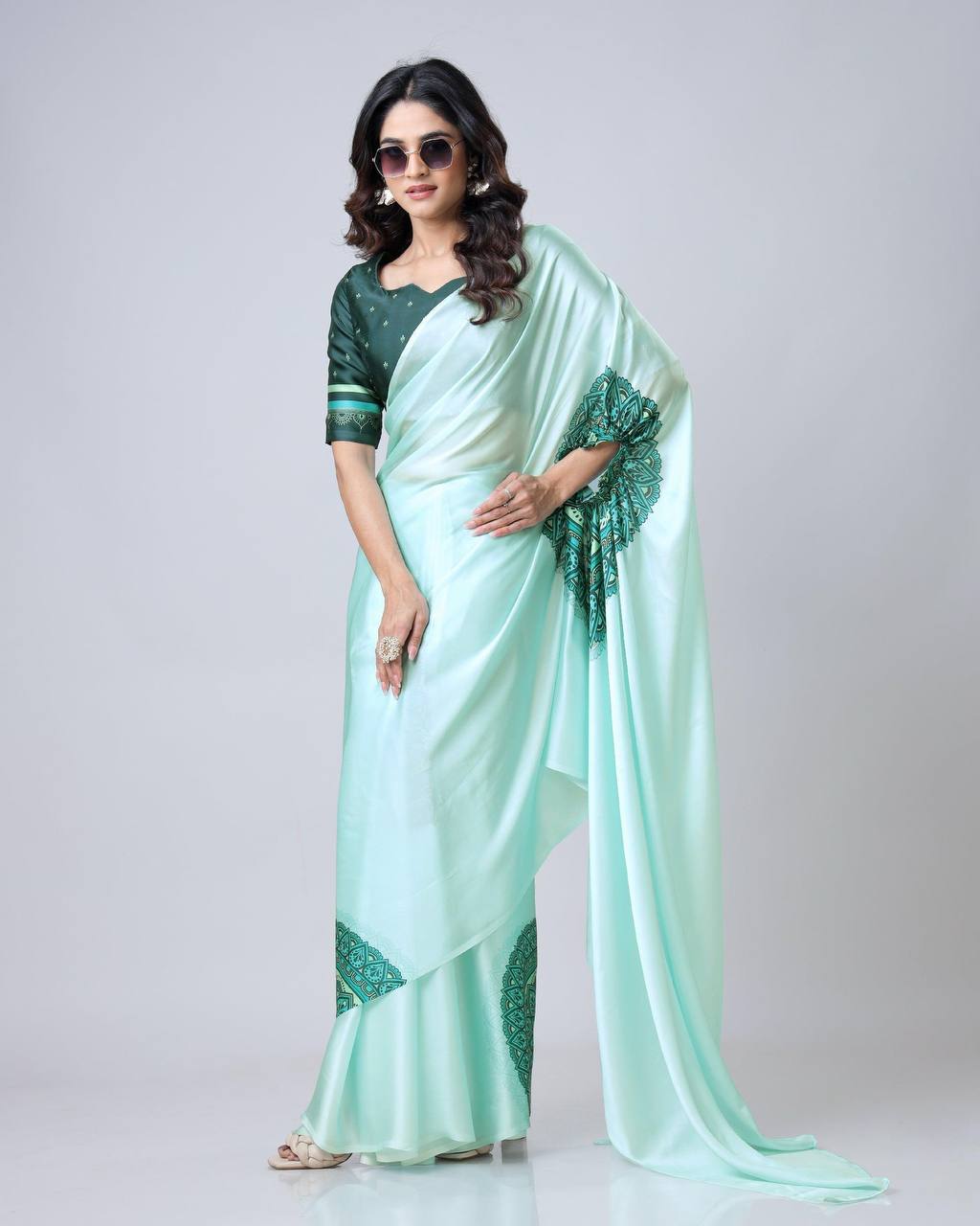 Teeya Creation Pista Color Japan Satin Silk Digital Print Ready To Wear Saree | Grocsy