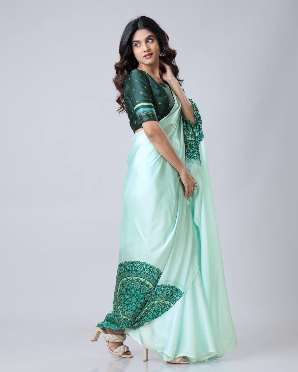 Teeya Creation Pista Color Japan Satin Silk Digital Print Ready To Wear Saree | Grocsy