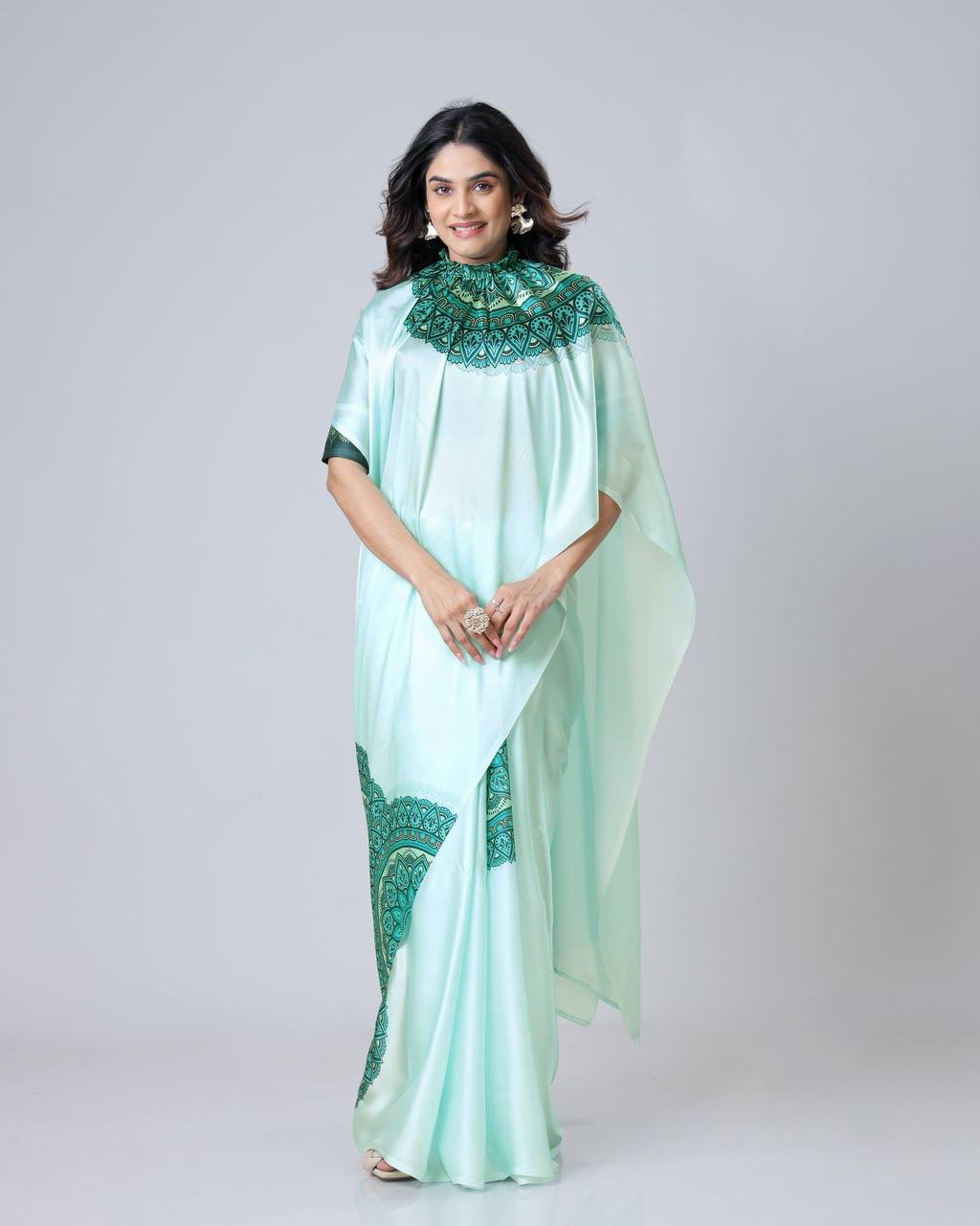 Teeya Creation Pista Color Japan Satin Silk Digital Print Ready To Wear Saree | Grocsy