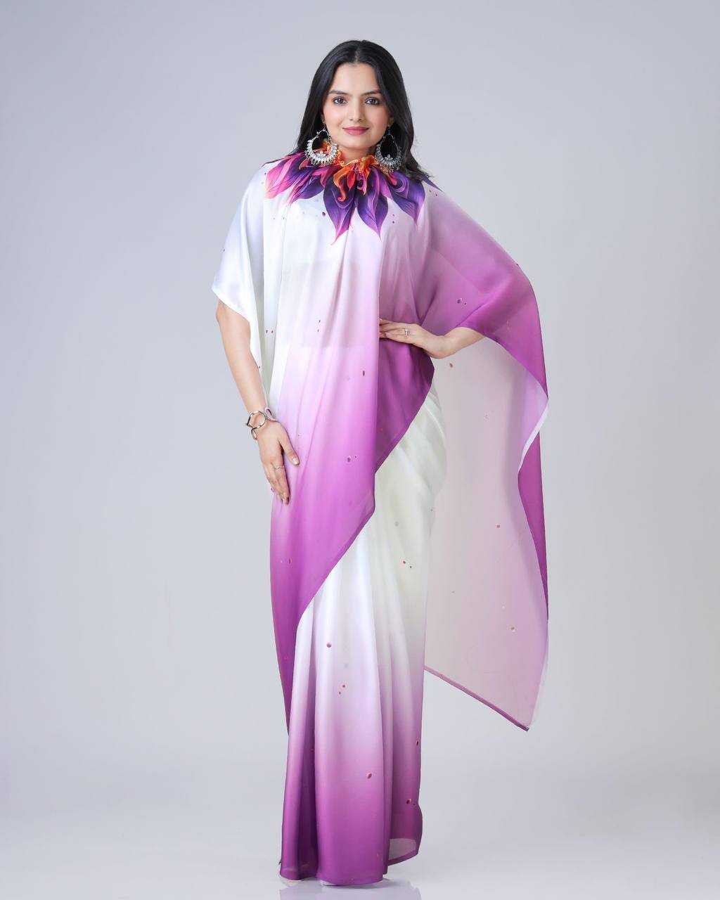 Teeya Creation Purple Color Japan Satin Silk Digital Print Ready To Wear Saree | Grocsy