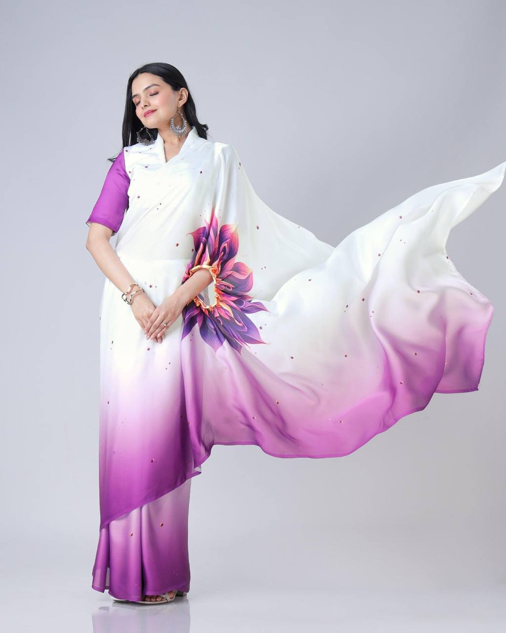 Teeya Creation Purple Color Japan Satin Silk Digital Print Ready To Wear Saree | Grocsy