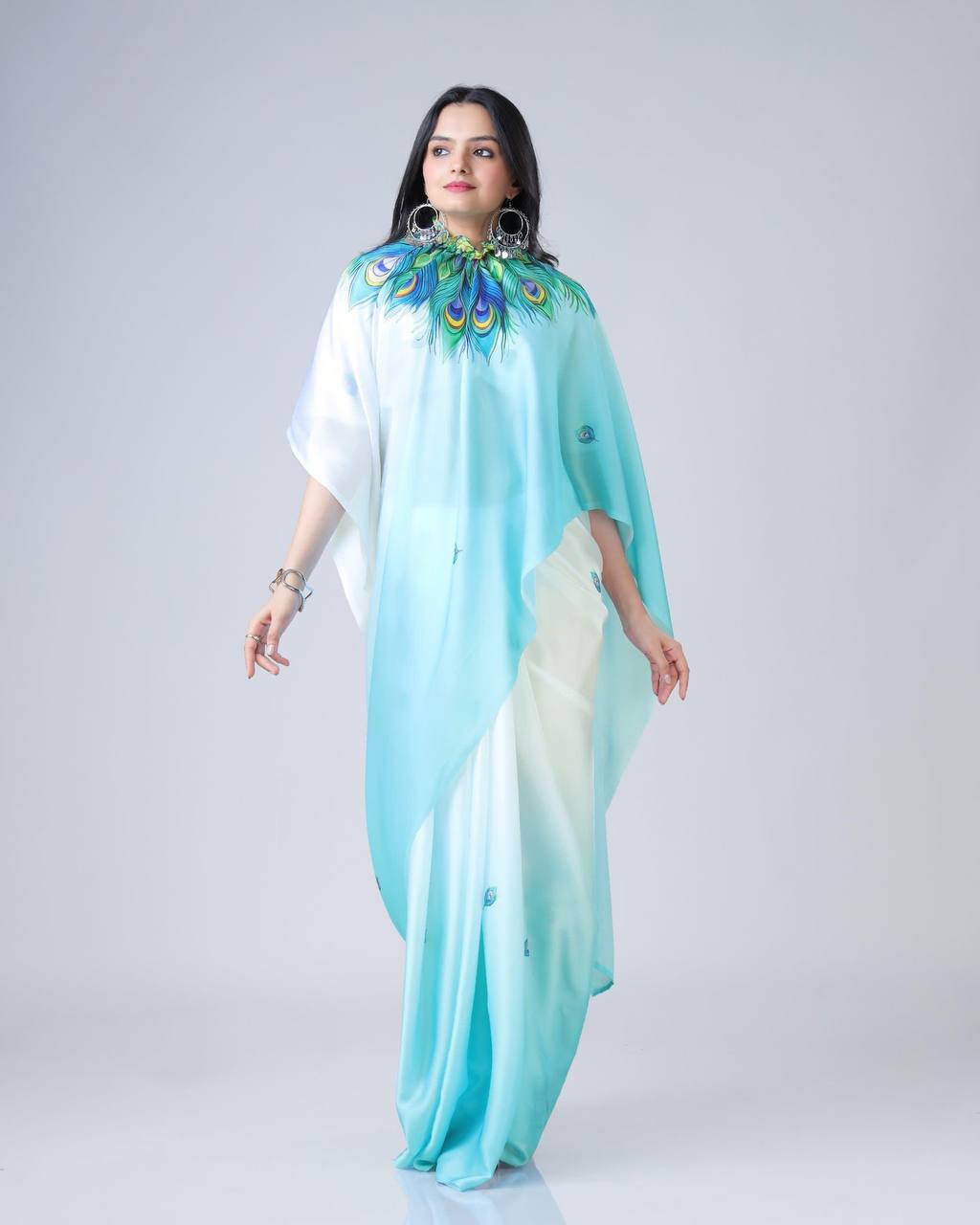 Teeya Creation Sky Color Japan Satin Silk Digital Print Ready To Wear Saree | Grocsy