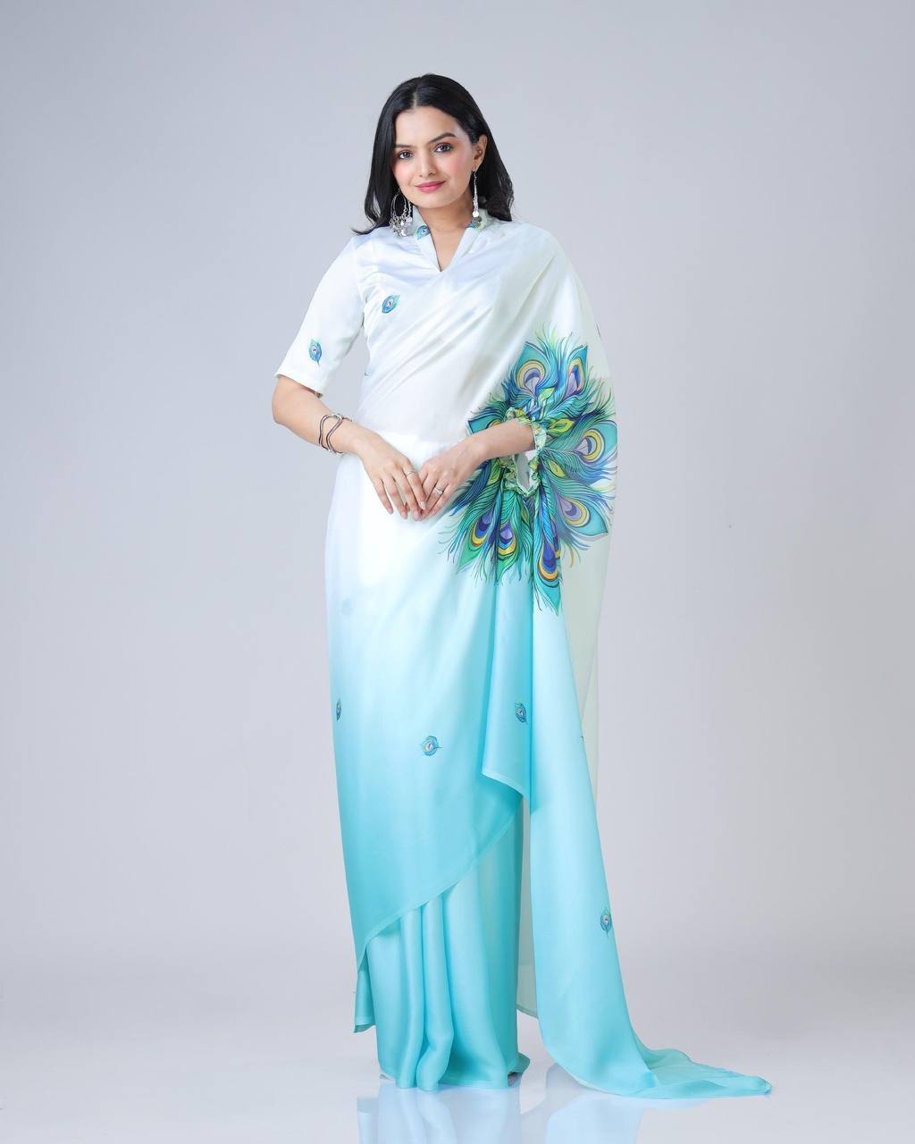 Teeya Creation Sky Color Japan Satin Silk Digital Print Ready To Wear Saree | Grocsy