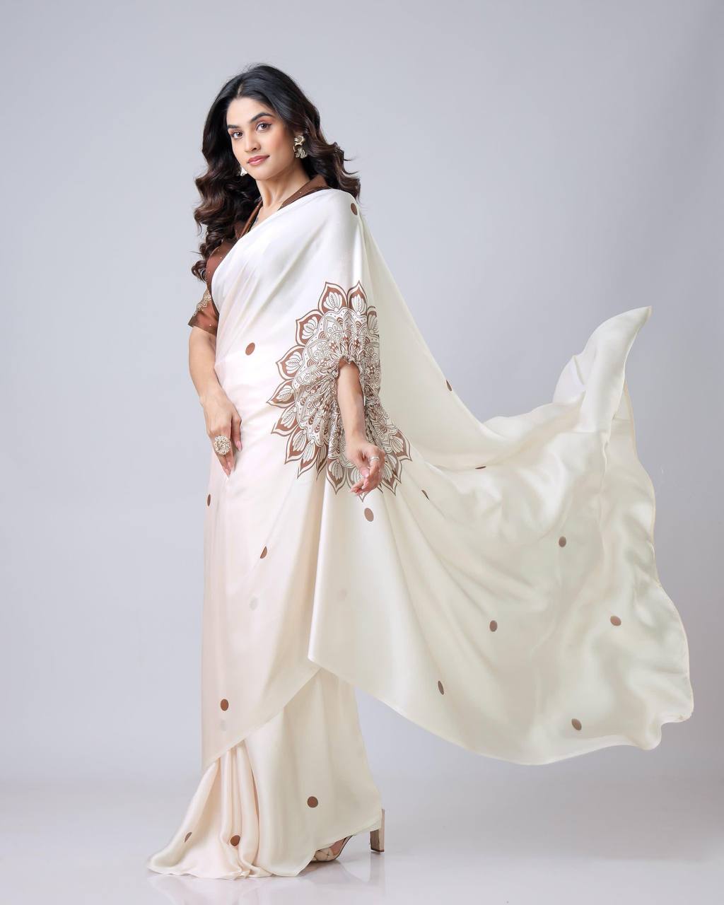 Teeya Creation White Color Japan Satin Silk Digital Print Ready To Wear Saree | Grocsy