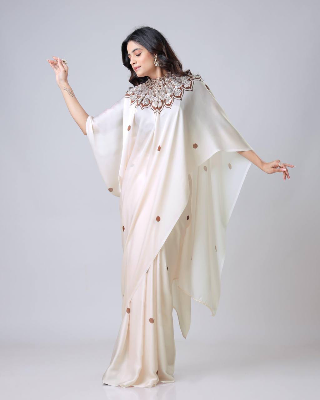 Teeya Creation White Color Japan Satin Silk Digital Print Ready To Wear Saree | Grocsy