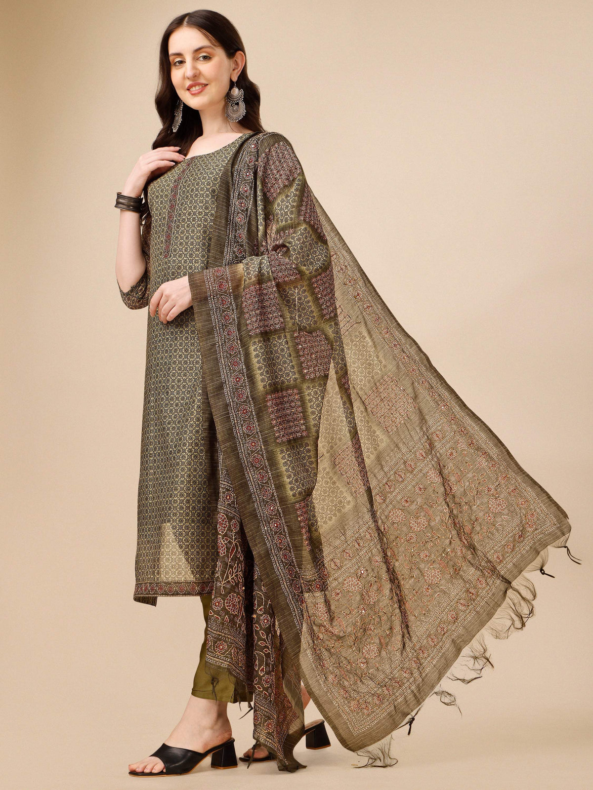 Printed Kurta With Pant And Dupatta Set, Multicolor - Hiral Fashion | Grocsy