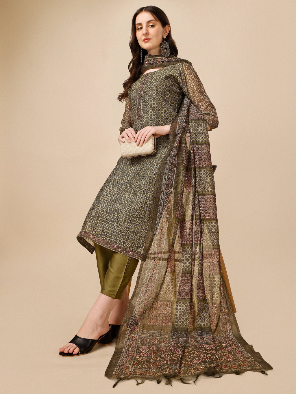 Printed Kurta With Pant And Dupatta Set, Multicolor - Hiral Fashion | Grocsy
