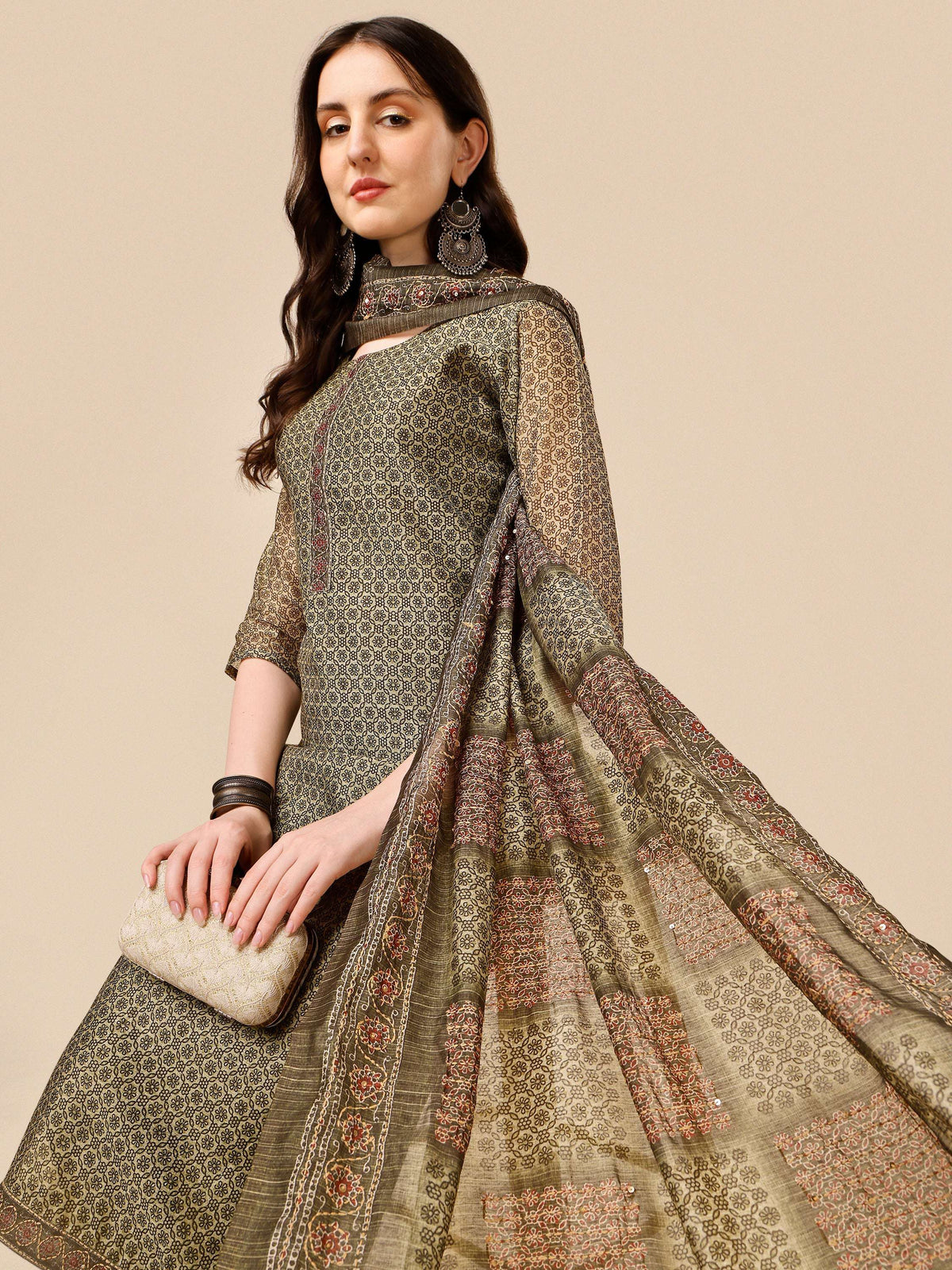 Printed Kurta With Pant And Dupatta Set, Multicolor - Hiral Fashion | Grocsy