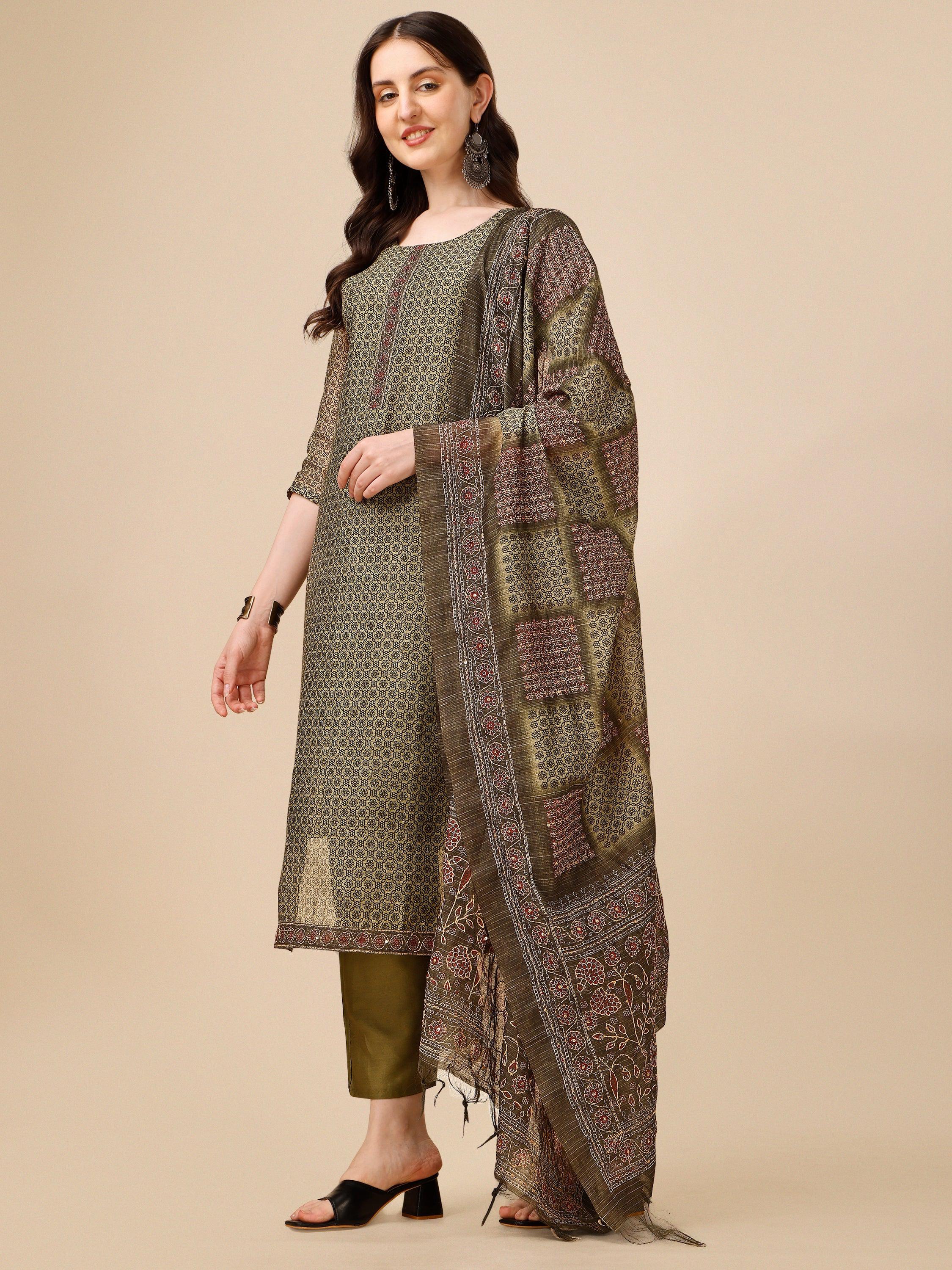 Printed Kurta With Pant And Dupatta Set, Multicolor - Hiral Fashion | Grocsy