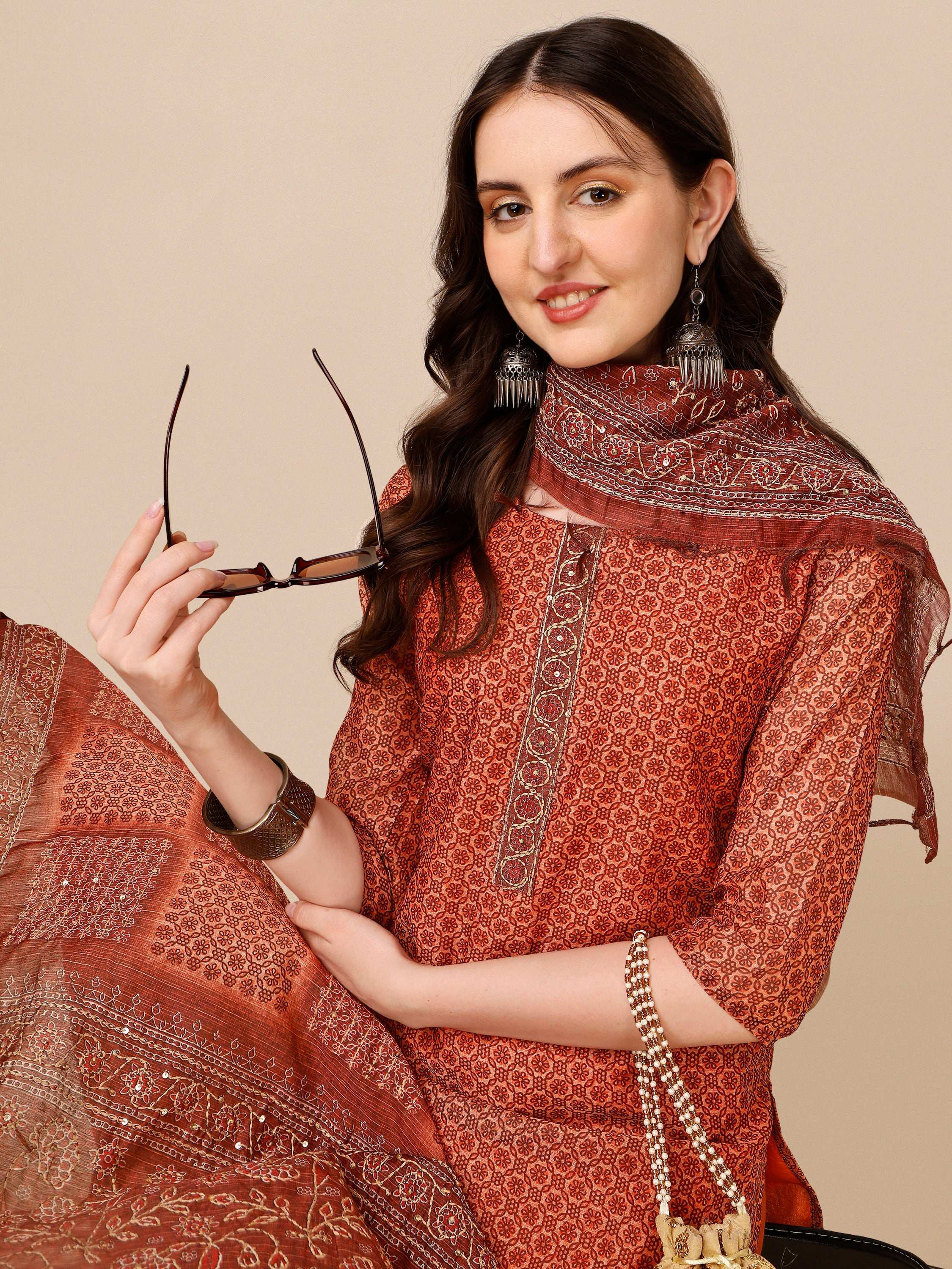 Printed Kurta With Pant And Dupatta Set, Multicolor - Hiral Fashion | Grocsy