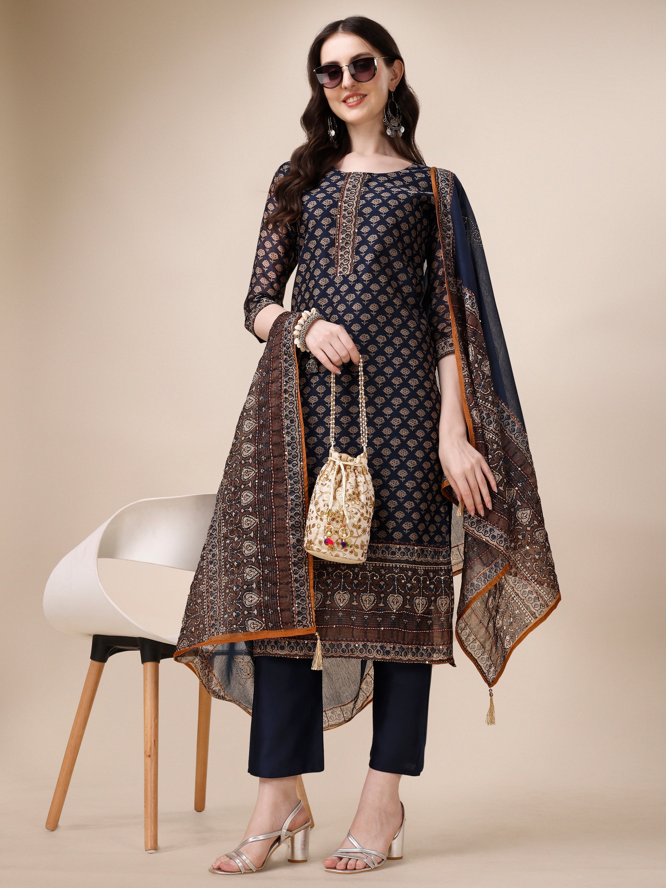 Printed Kurta With Pant And Dupatta Set, Multicolor - Hiral Fashion | Grocsy