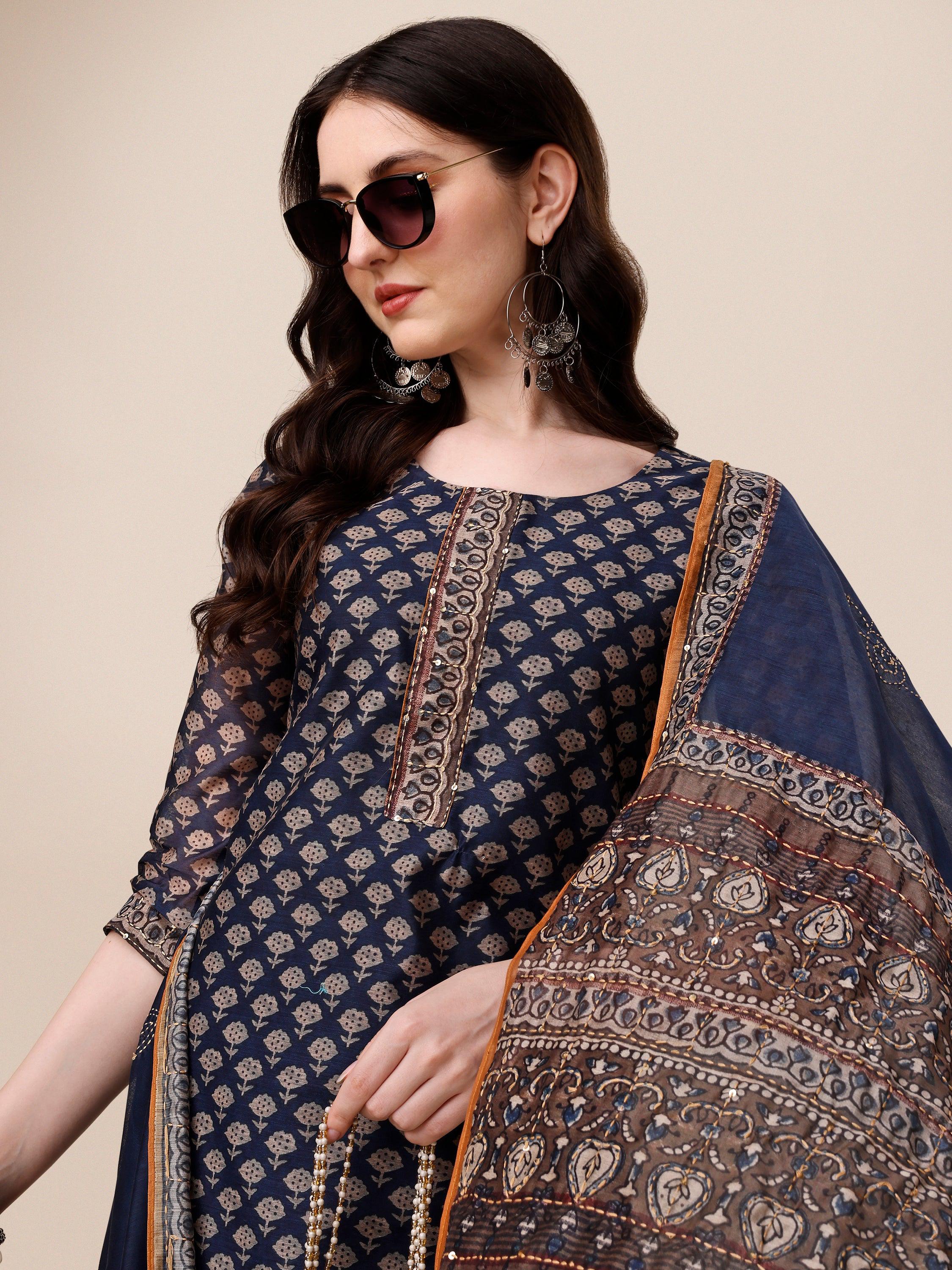 Printed Kurta With Pant And Dupatta Set, Multicolor - Hiral Fashion | Grocsy