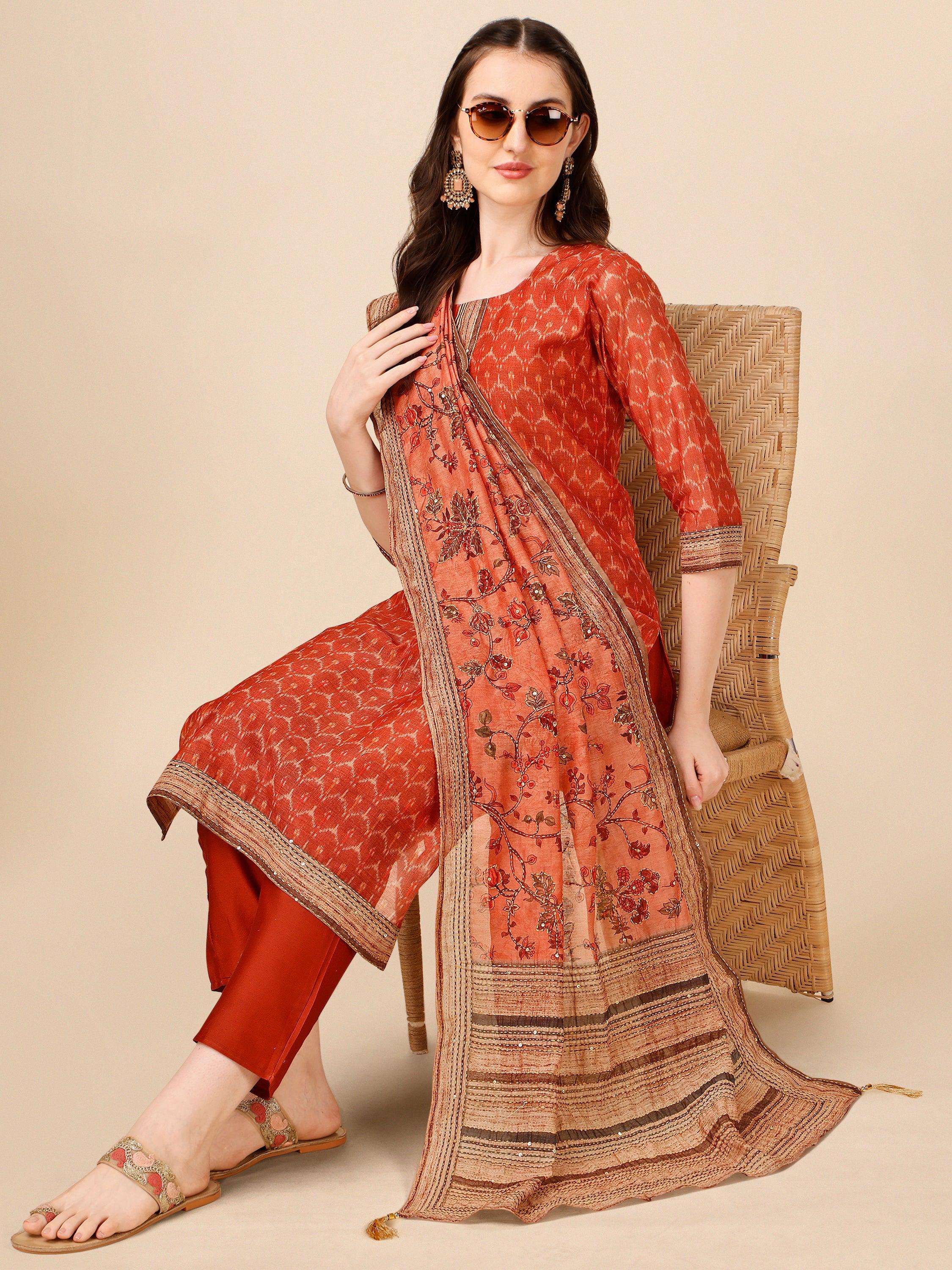 Floral Printed Kurta With Pant And Dupatta Set, Multicolor - Hiral Fashion | Grocsy