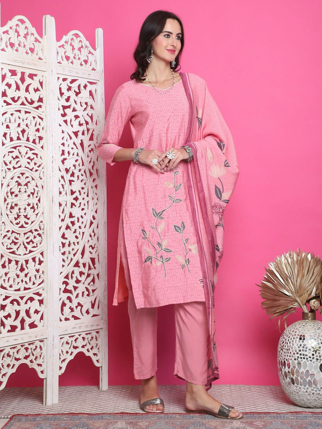 Jyoti Fashion Women's Pink Muslin Floral Print with Jari & Crystal work Kurta with Trouser & Dupatta | Grocsy