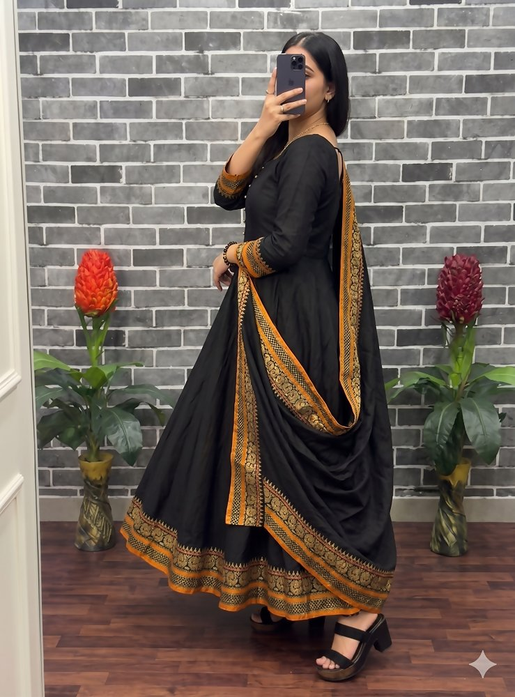 Teeya Creation New Trendy Stylish Black Solid Anarkali Kurta with Traditional Golden Border Dupatta Set | Grocsy