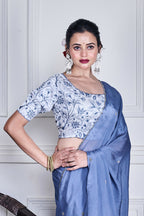 Morchari Grey Chiffon Hand Embroidery Saree And Stitched Blouse | Grocsy