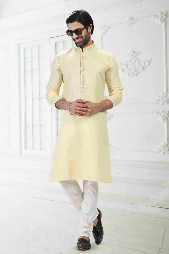 Raivat Ethnic Linen Cotton Thread Work Kurta Pajama In Yellow Colour | Grocsy