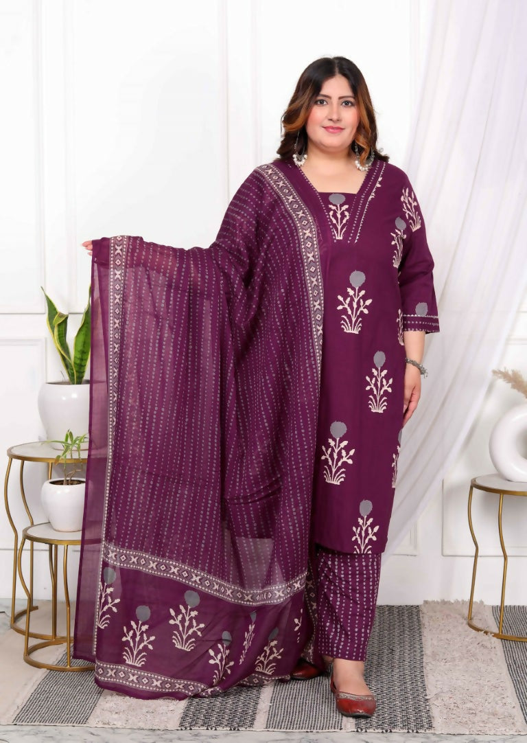 Miravan Women's Plus Size Cotton Fabric Purple Color Kurta With Palazzo And Dupatta | Grocsy