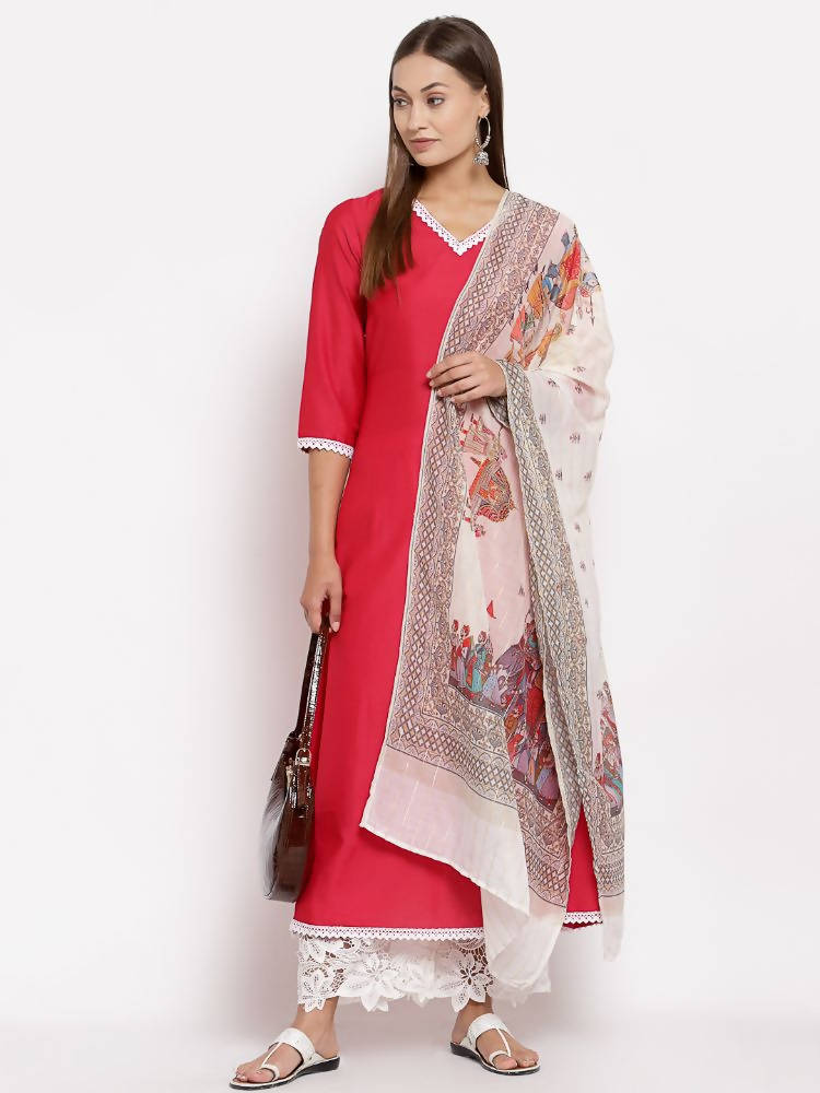 Myshka Women's Pink Cotton Solid 3/4 Sleeve V Neck Casual Kurta Dupatta Set | Grocsy