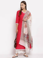 Myshka Women's Pink Cotton Solid 3/4 Sleeve V Neck Casual Kurta Dupatta Set | Grocsy