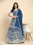Teal Georgette Thread Embroidered Lehenga Choli with Dupatta - Tanya | Grocsy
