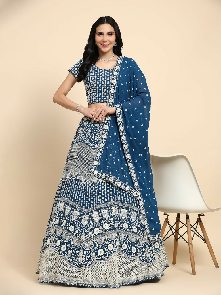 Teal Georgette Thread Embroidered Lehenga Choli with Dupatta - Tanya | Grocsy