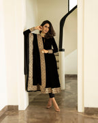 trueBrowns Black Velvet Flared Embroidered Kurta | Grocsy