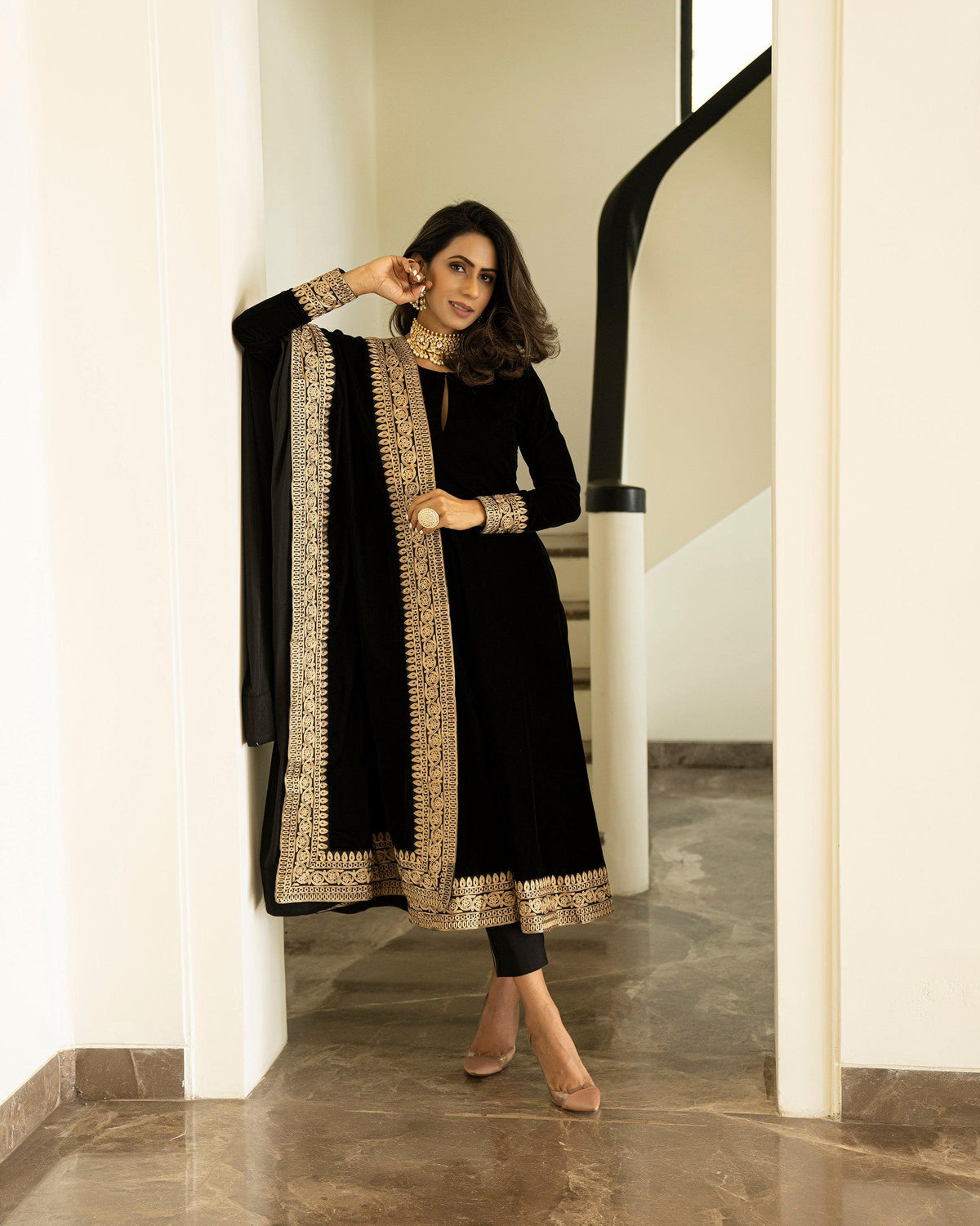 trueBrowns Black Velvet Flared Embroidered Kurta | Grocsy
