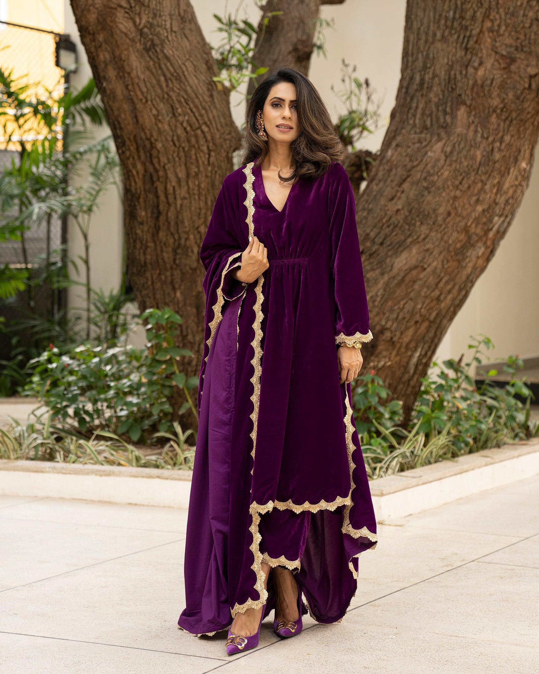 trueBrowns Wine Velvet Lace Kurta Pant Set | Relove | Grocsy