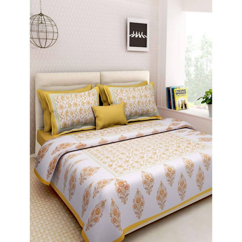 Vamika Printed Cotton White & Yellow Bedsheet With Pillow Covers (LEOC_GMLA_Y) | Grocsy