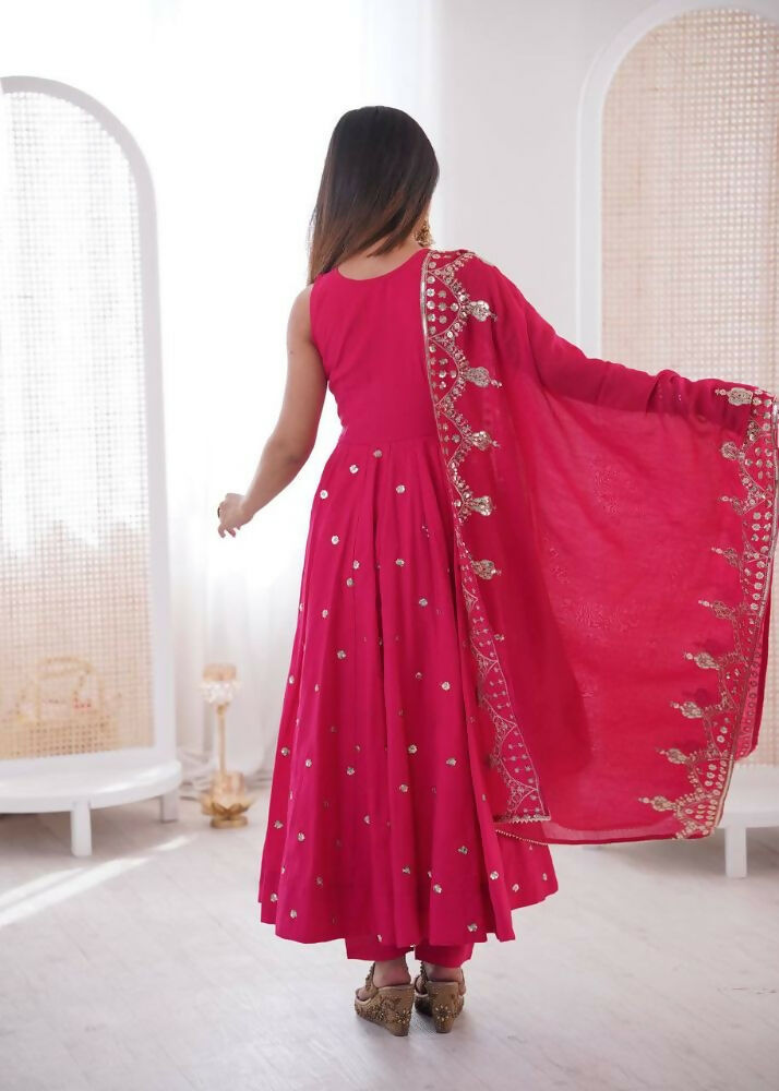 Teeya Creation Pink Color Roman Silk Embroidery Work Party Wear Gown | Grocsy
