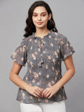 Myshka Grey Printed Half Sleeve Round Neck Top | Grocsy