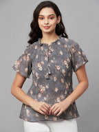 Myshka Grey Printed Half Sleeve Round Neck Top | Grocsy
