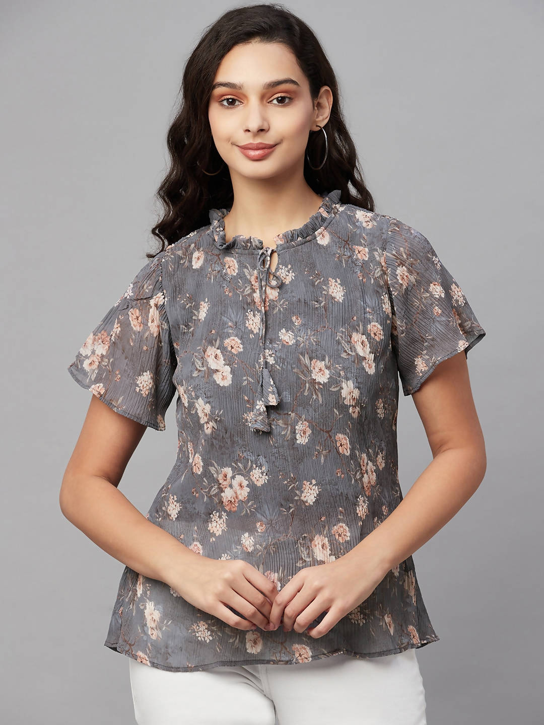 Myshka Grey Printed Half Sleeve Round Neck Top | Grocsy