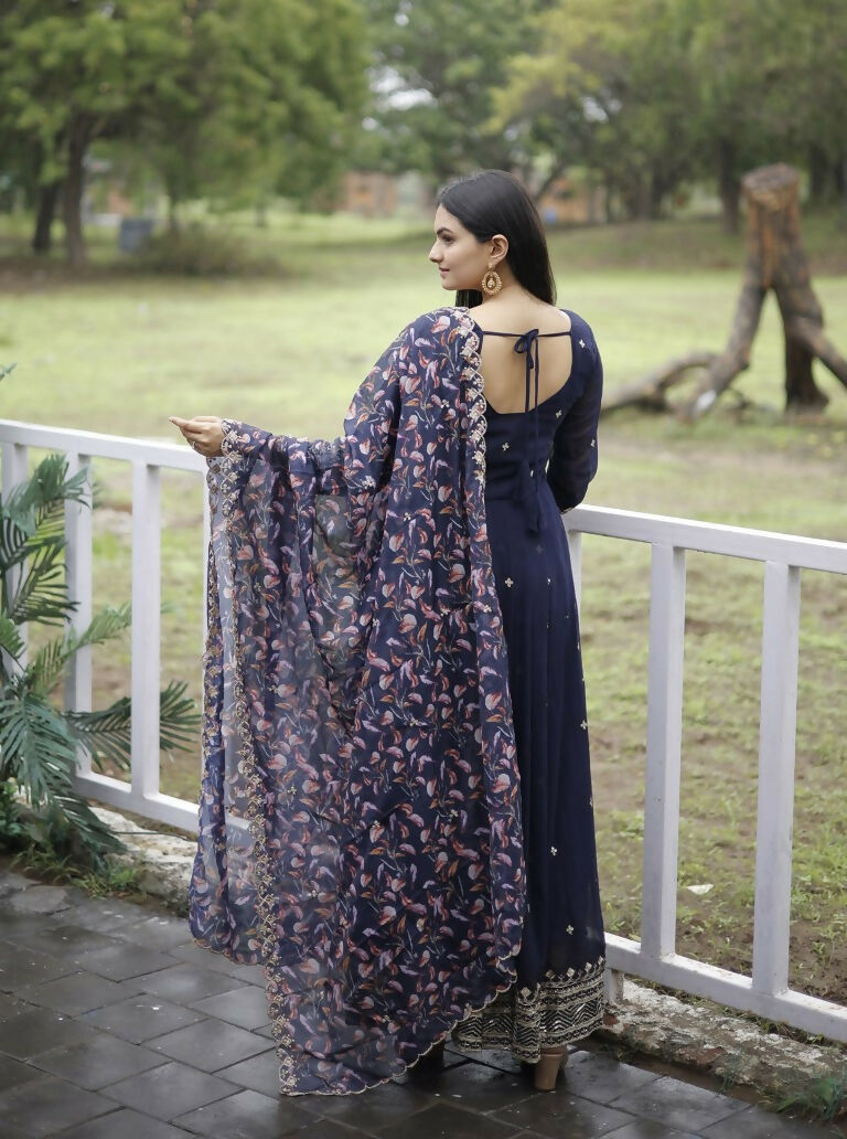 Jyoti Fashion Women's Navy Blue Faux Blooming Sequins with Zari Embroidery Anarkali Dress with Dupatta | Grocsy